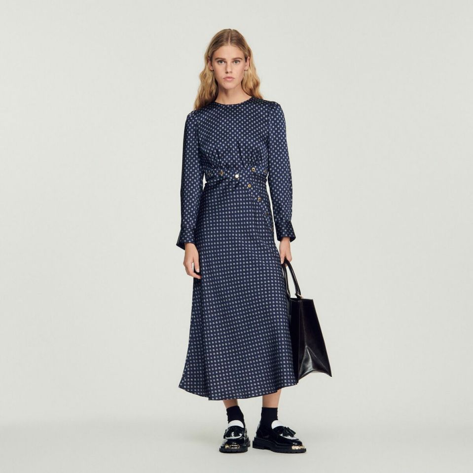 Dresses | Women Sandro Paris Long Flowing Dress With Polka-Dot Print Deep Blu