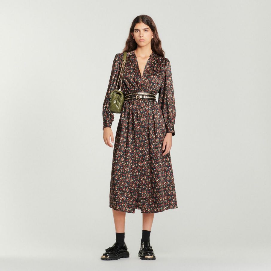 Dresses | Women Sandro Paris Long Flowing Dress With A Floral Print Black / Red